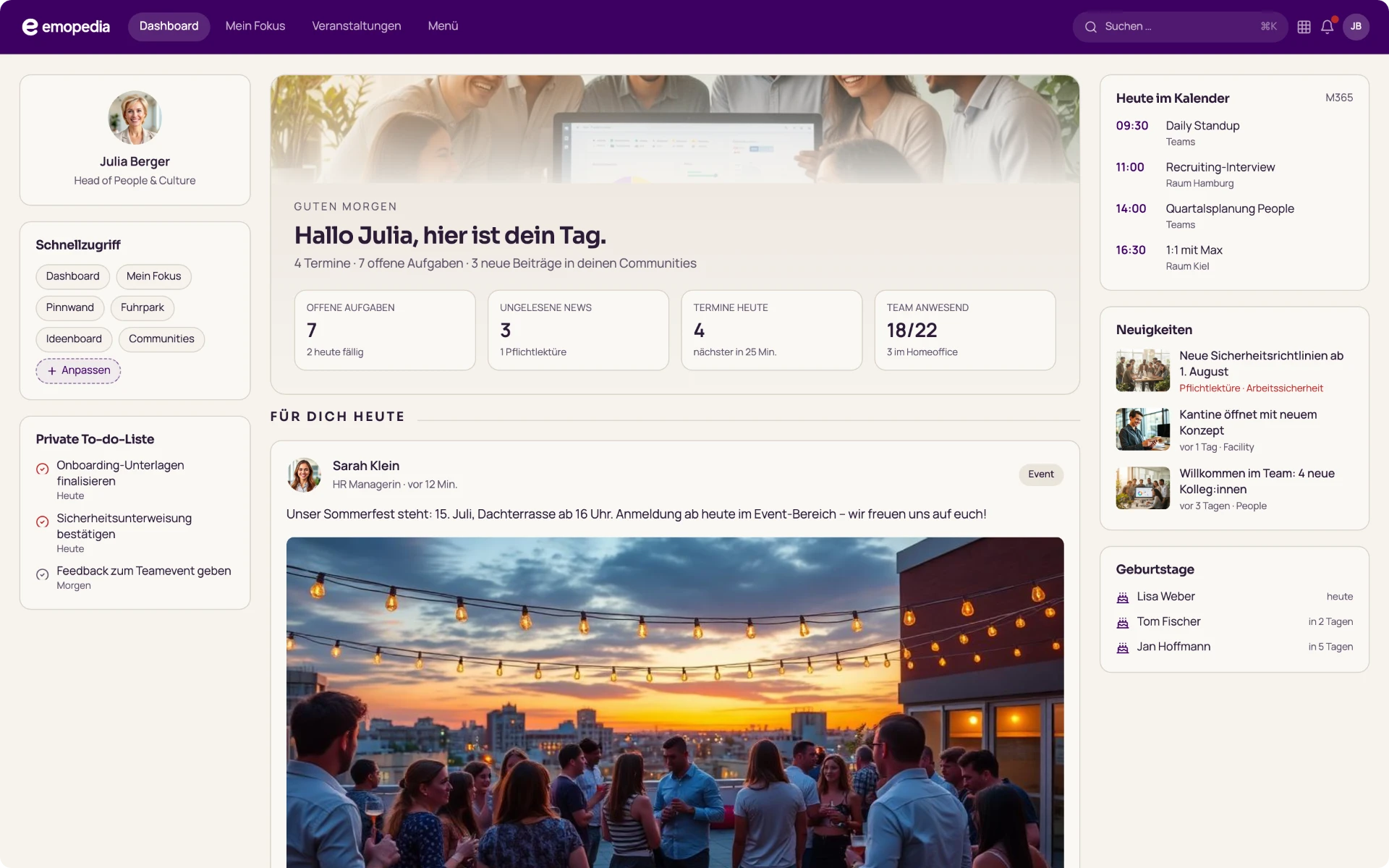 emopedia Dashboard mit persönlicher Tagesübersicht, Kalender und Neuigkeiten